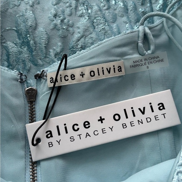 NWT Alice and Olivia Tayla Dress Blue Mini Jaquared Mini with Metallic Detail 8 - Picture 4 of 5